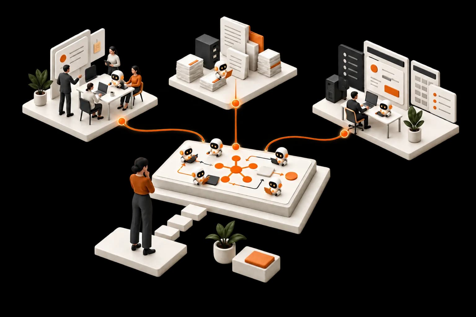 An AI-native workflow connects people, documents, and systems around a central Synebra mark, with friendly AI robots assisting at each workflow step.